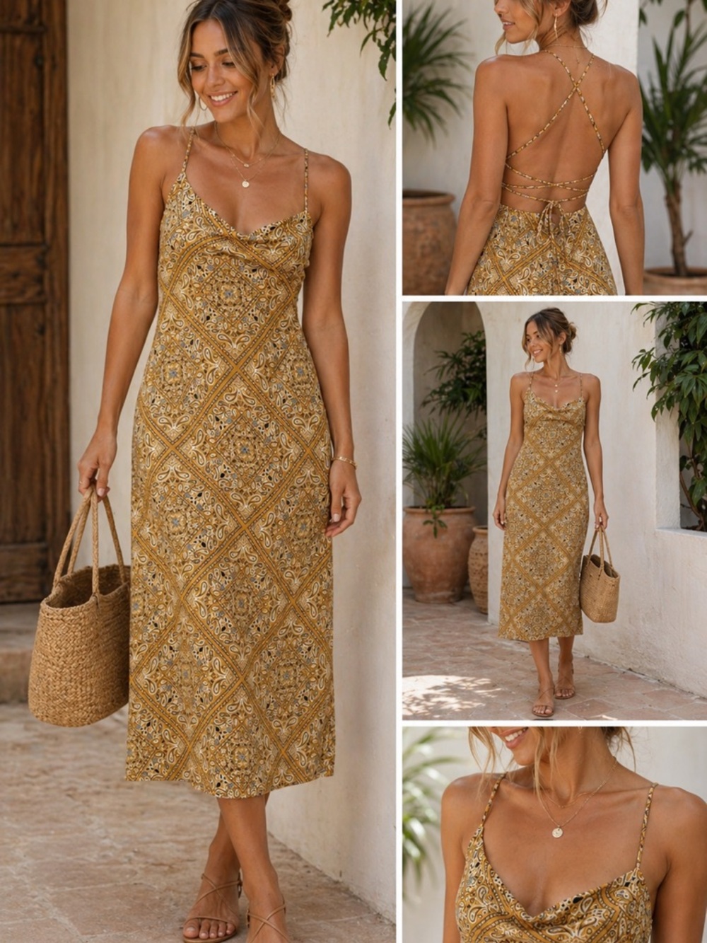 Jagger & Stone Paisley Backless Midi Slip Dress Tie Back Boho Festival Mustard 6